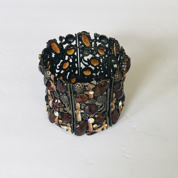 Rare Find! Handcrafted Brass 7 Panel Hinged 2” Cuff Bracelet Topaz Color Stones - Picture 3 of 10